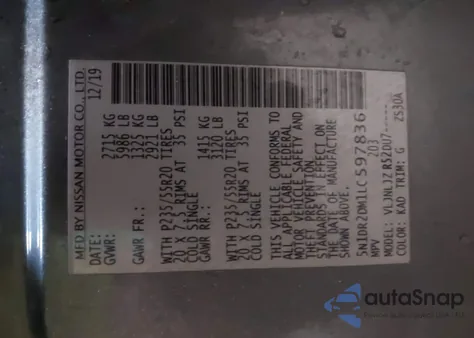 2020 Nissan Pathfinder Platinum 4Wd из США, поврежденный, VIN 5N1DR2DM1LC597836